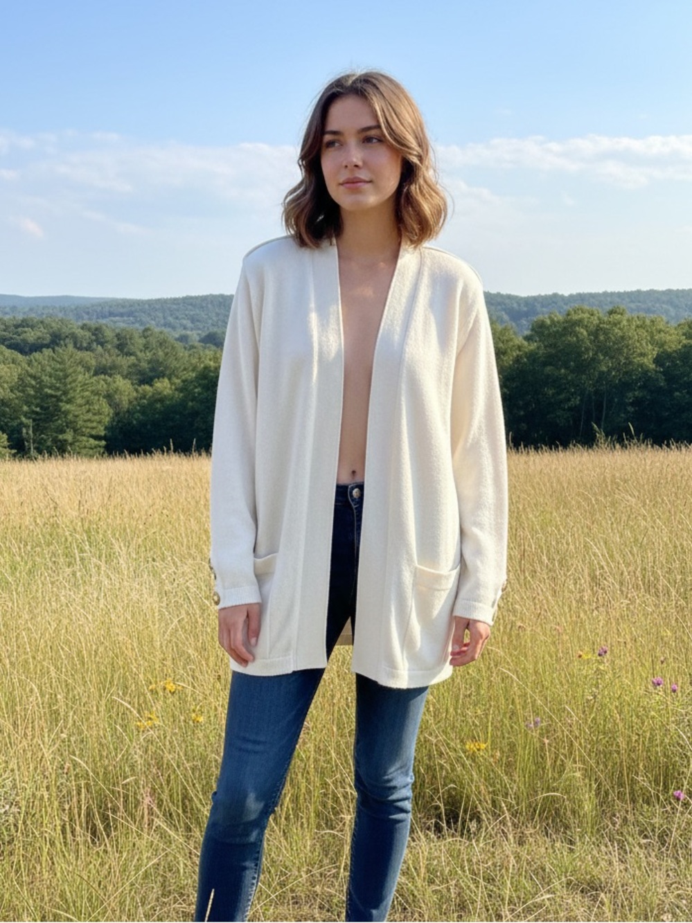Vintage St John Separates Cream Open Front Wool Cardigan Jacket Medium Oversized